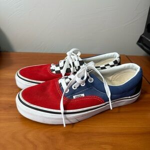 Vans Authentic‎ Low Top Color Block Red Blue Checkerboard Suede Lace Up Sneaker